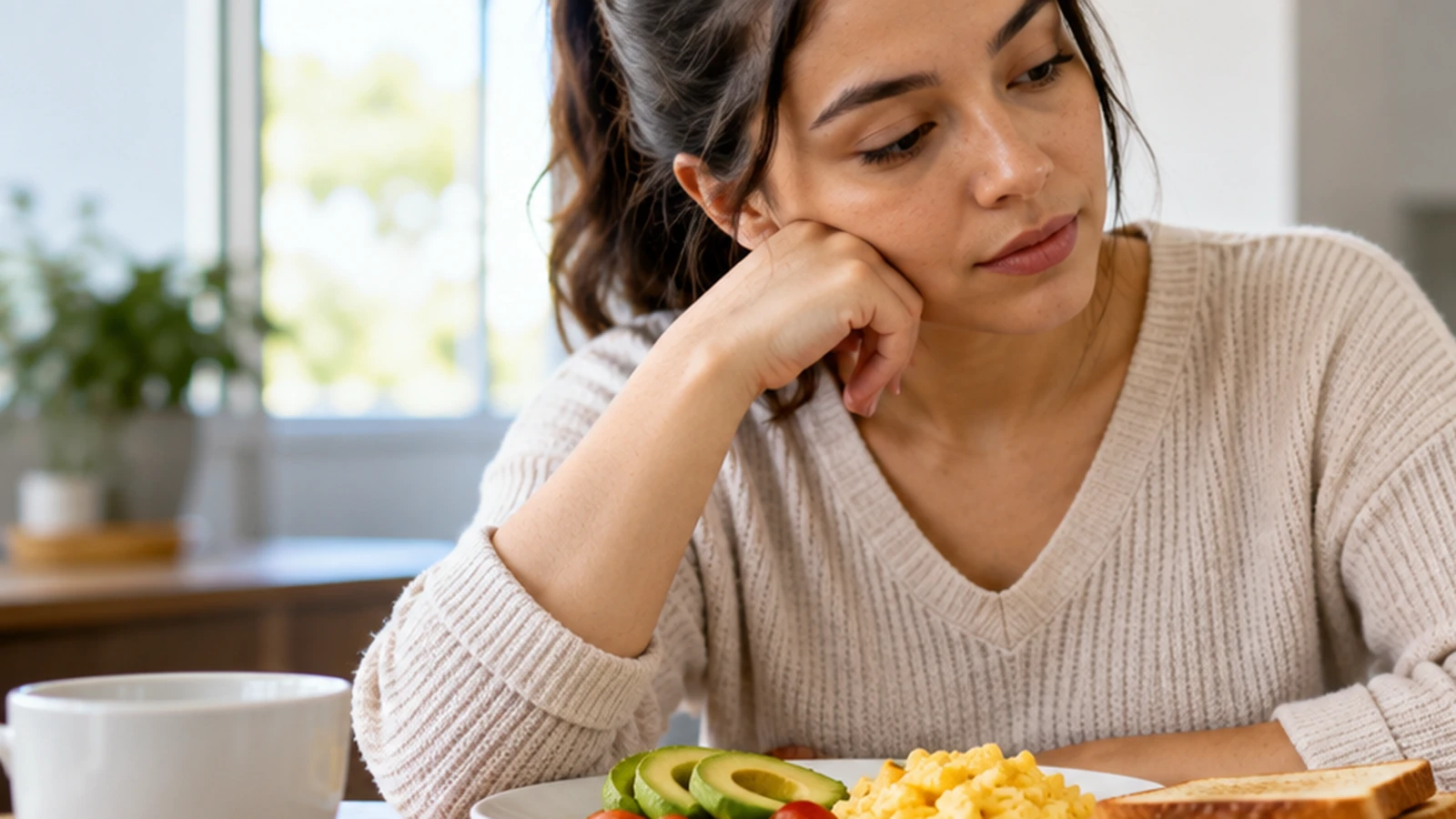 Mujer frente a su desayuno, considerando las indicaciones de ayuno previas a un estudio.