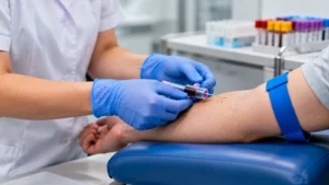 Personal clínico realizando una extracción de sangre para análisis de laboratorio.