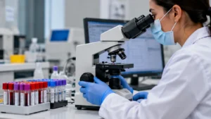 Especialista trabajando con muestras sanguíneas en un laboratorio clínico.