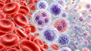 Ilustración de glóbulos rojos, glóbulos blancos y plaquetas analizados en un estudio de sangre mediante biometría hemática.