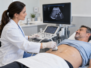 Profesional de la salud realizando una ecografía abdominal a un paciente para evaluar el estado del hígado.