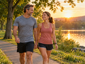 Pareja caminando al aire libre por un parque al atardecer como parte de una rutina de actividad física.