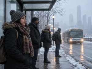 Personas con abrigos y bufandas esperando el transporte público durante una mañana fría, nublada y con poca visibilidad.