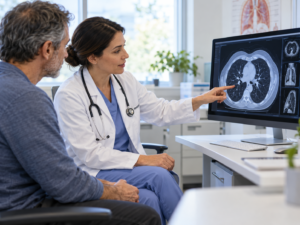 Médica explicando a un paciente una tomografía de tórax en un monitor durante una consulta para evaluar los pulmones.