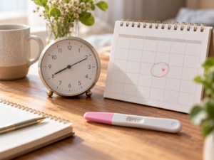 Calendario y reloj sobre una mesa junto a una prueba de embarazo, representando la importancia del momento de realización.