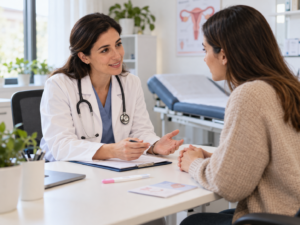 Médica conversando con una paciente sobre los resultados de sus pruebas de embarazo en un consultorio.