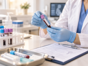 Profesional de laboratorio con guantes examinando una muestra de sangre para una prueba de embarazo.