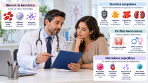 Doctor explicándole a su paciente los resultados de sus análisis de sangre