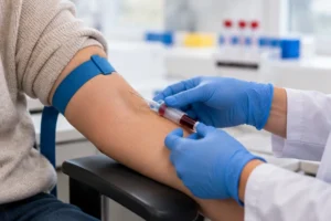 Profesional de la salud tomando una muestra de sangre para medir los niveles de glucosa y apoyar la detección de diabetes.