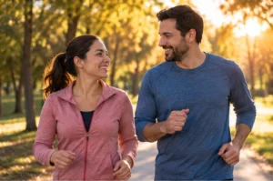 Pareja realizando actividad física en un parque como parte de sus hábitos saludables para reducir el riesgo de diabetes tipo 2.